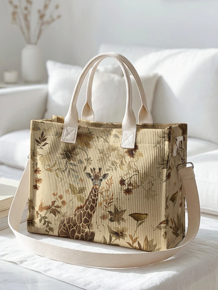 Sac en velours côtelé avec imprimé vintage de girafes et de fleurs botaniques, grande capacité et plusieurs poches pour les trajets domicile-travail