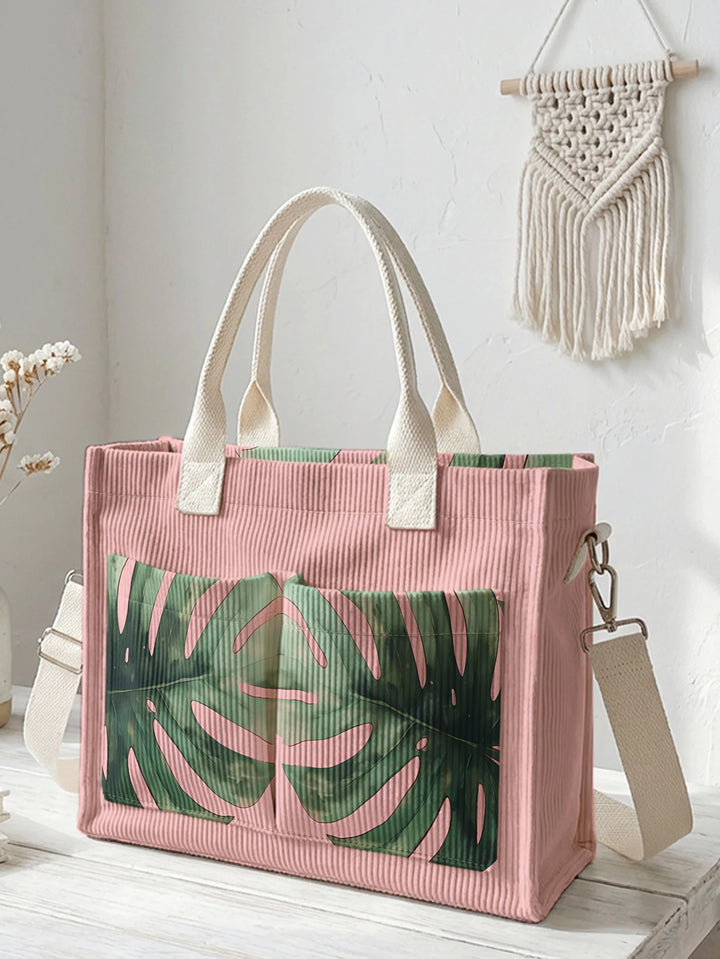 Sac à bandoulière en velours côtelé avec impression de feuille de Monstera tropicale Grande capacité sac à main avec plusieurs poches
