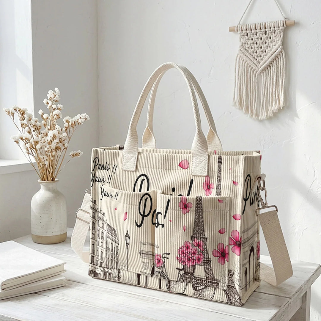Sac fourre-tout en velours côtelé imprimé floral de paysage parisien Grande capacité Multi Poche Sac à bandoulière amovible