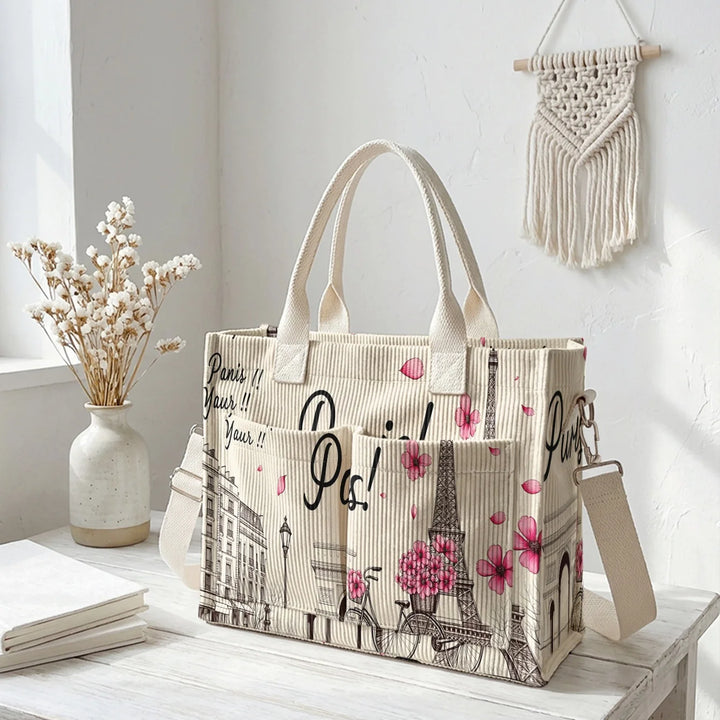 Sac fourre-tout en velours côtelé imprimé floral de paysage parisien Grande capacité Multi Poche Sac à bandoulière amovible