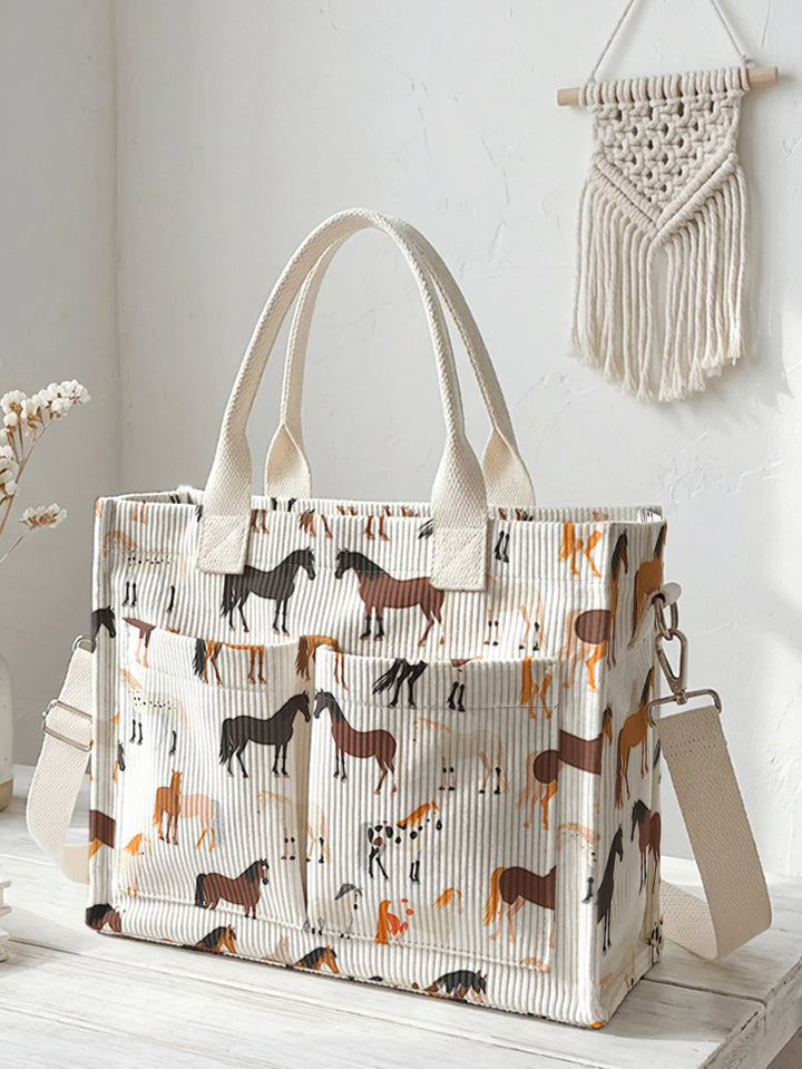 Sac en velours côtelé avec imprimé de chevaux, grande capacité, plusieurs poches, sac à bandoulière pour cavaliers et navetteurs