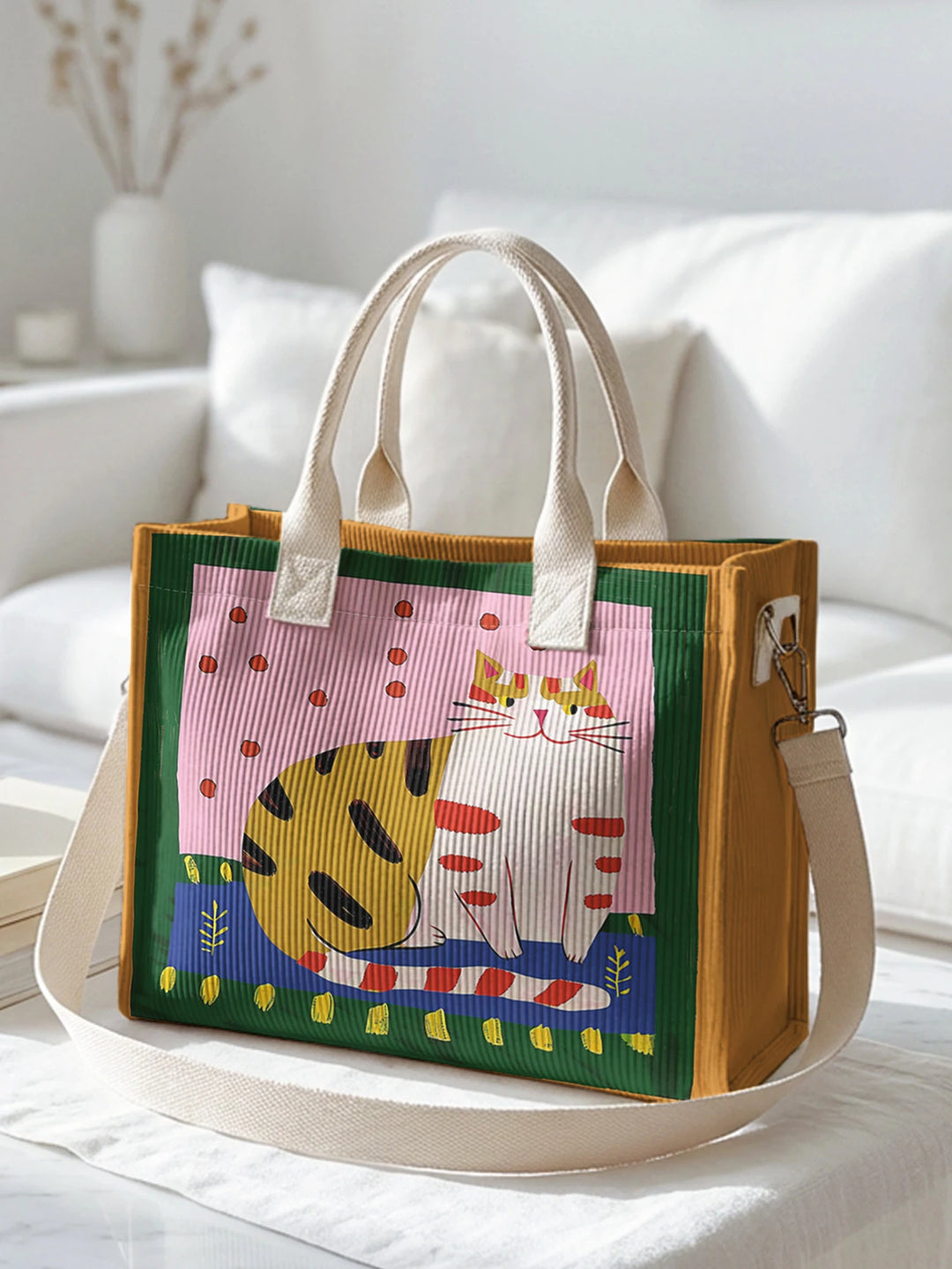 Sac fourre-tout en velours côtelé avec impression d'art populaire vintage - Grande capacité - Sac à plusieurs poches pour amoureux des chats - Sac à bandoulière pour le trajet