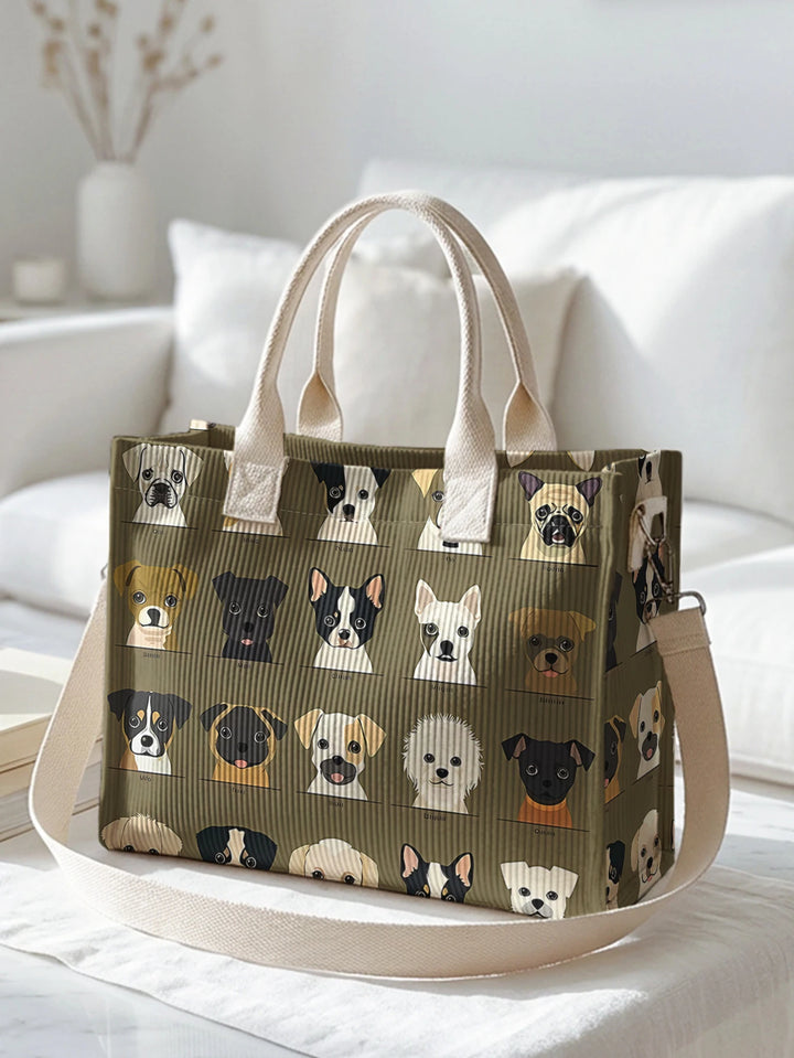 Impression de races de chiens en cartoon sac en corduroy grande capacité multi-poches pour les amoureux des chiens sac à épaule