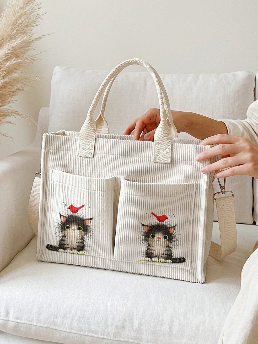 Sac en velours côtelé mignon avec impression d'un adorable chaton et d'un oiseau rouge, grande capacité, plusieurs poches, sac à bandoulière pour les amoureux des chats
