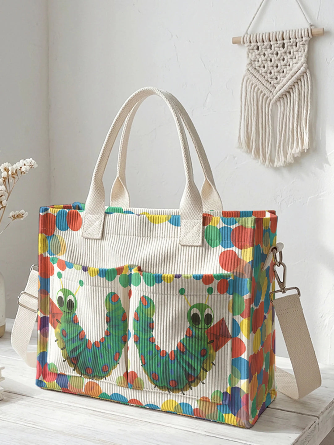 Sac en velours côtelé Hungry Caterpillar avec imprimé à pois, grande capacité, plusieurs poches, sac à bandoulière pour le travail