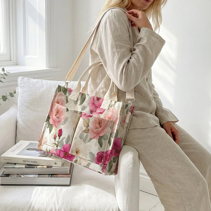 Sac fourre-tout en velours côtelé imprimé fleurs Pioenroos Grande capacité Multi Poche Bandoulière amovible