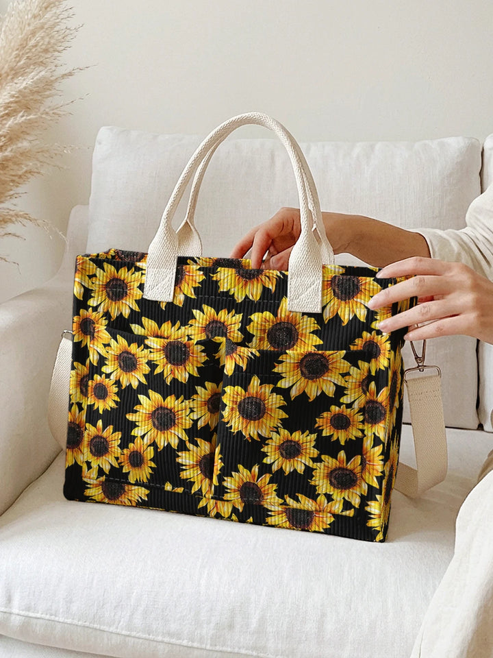 Sac à bandoulière en velours côtelé noir imprimé de tournesol Grande capacité Sac de transport pour navette avec plusieurs poches