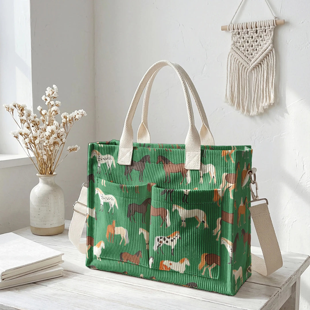 Sac en velours côtelé avec imprimé de chevaux, grande capacité, plusieurs poches, sac à bandoulière pour cavaliers et navetteurs