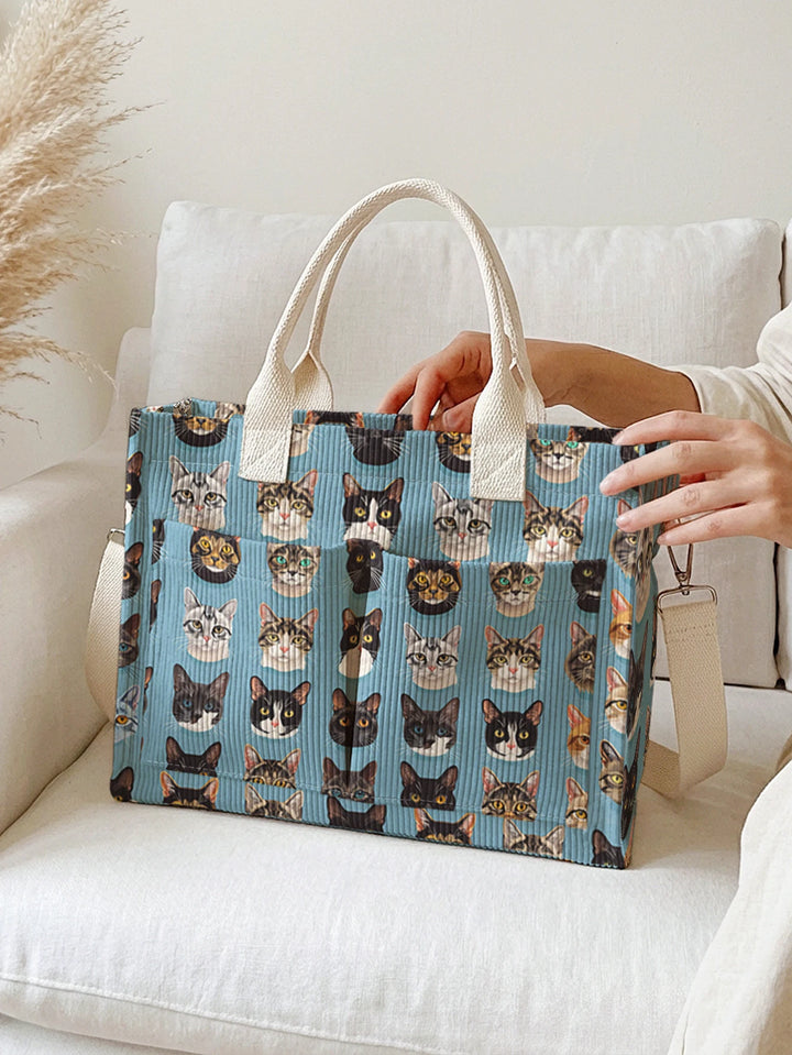 Sac à bandoulière en velours côtelé avec imprimé visages de chats bleus, grande capacité et plusieurs poches, sac de transport pour amoureux des chats