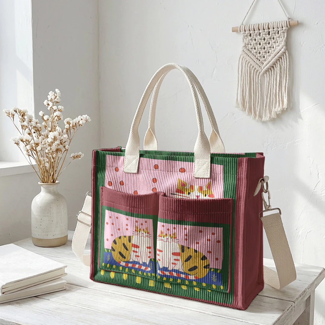 Sac fourre-tout en velours côtelé avec impression d'art populaire vintage - Grande capacité - Sac à plusieurs poches pour amoureux des chats - Sac à bandoulière pour le trajet
