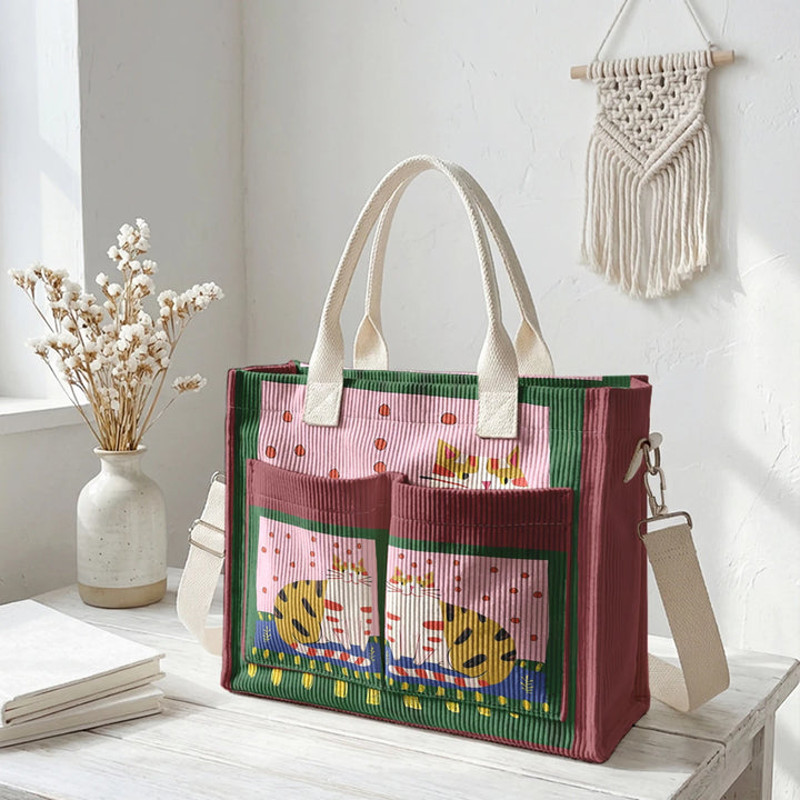 Sac fourre-tout en velours côtelé avec impression d'art populaire vintage - Grande capacité - Sac à plusieurs poches pour amoureux des chats - Sac à bandoulière pour le trajet