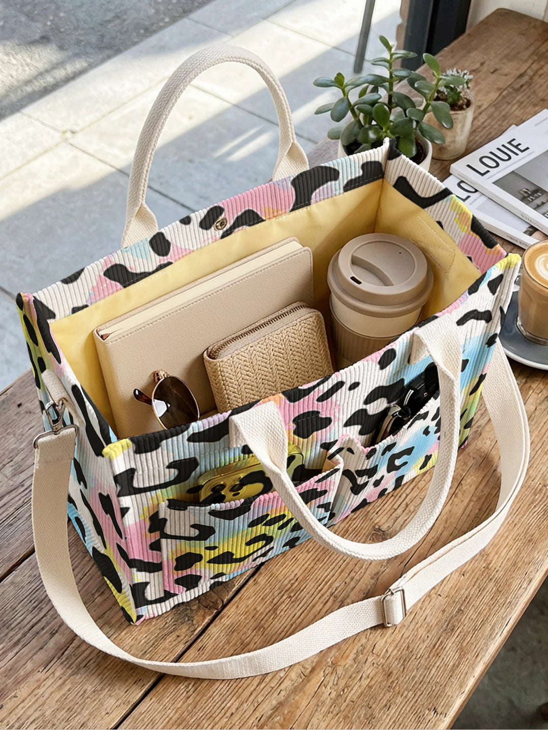 Sac en corduroy à imprimé léopard en couleurs pastel avec grande capacité et plusieurs poches, adapté aux trajets domicile-travail