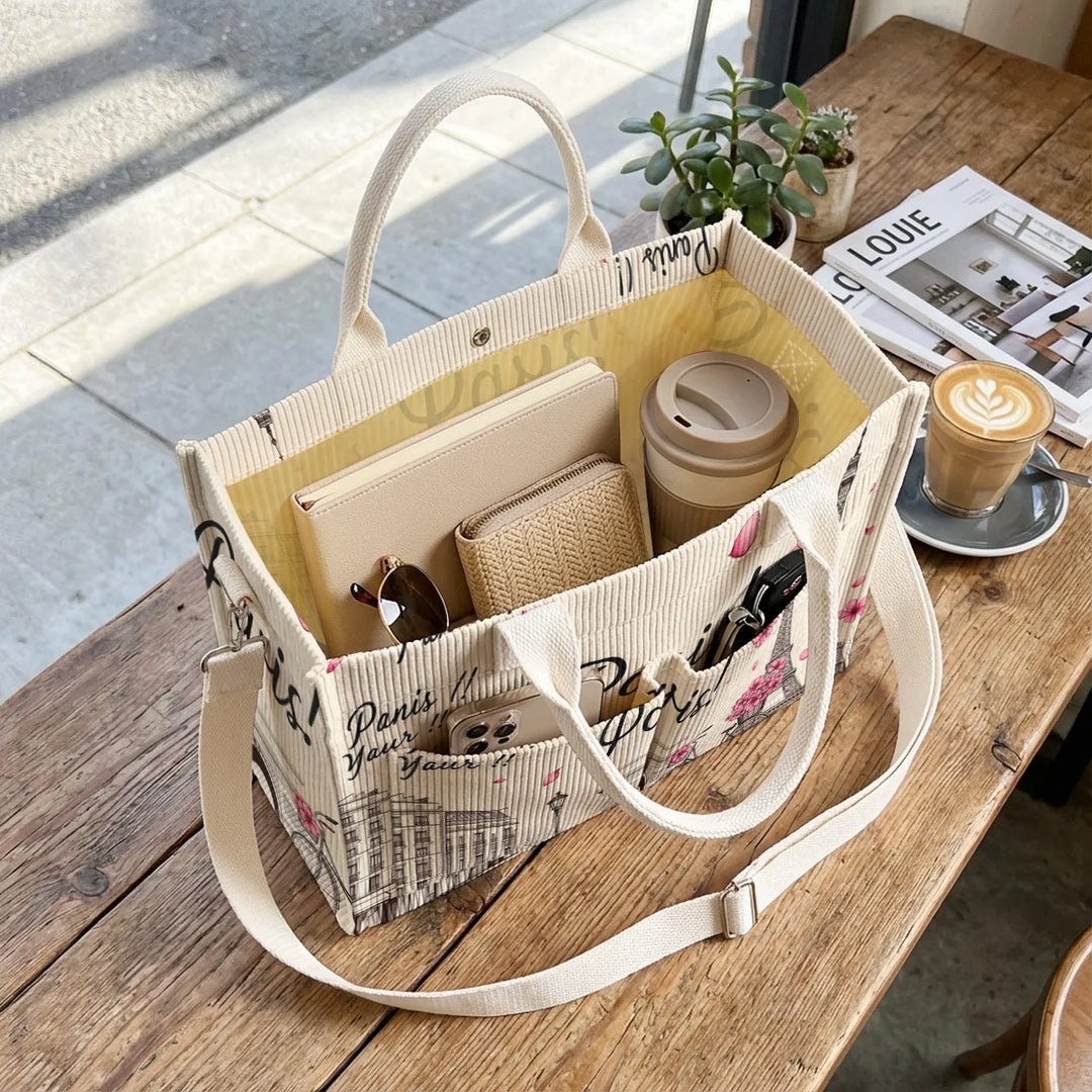 Sac fourre-tout en velours côtelé imprimé floral de paysage parisien Grande capacité Multi Poche Sac à bandoulière amovible