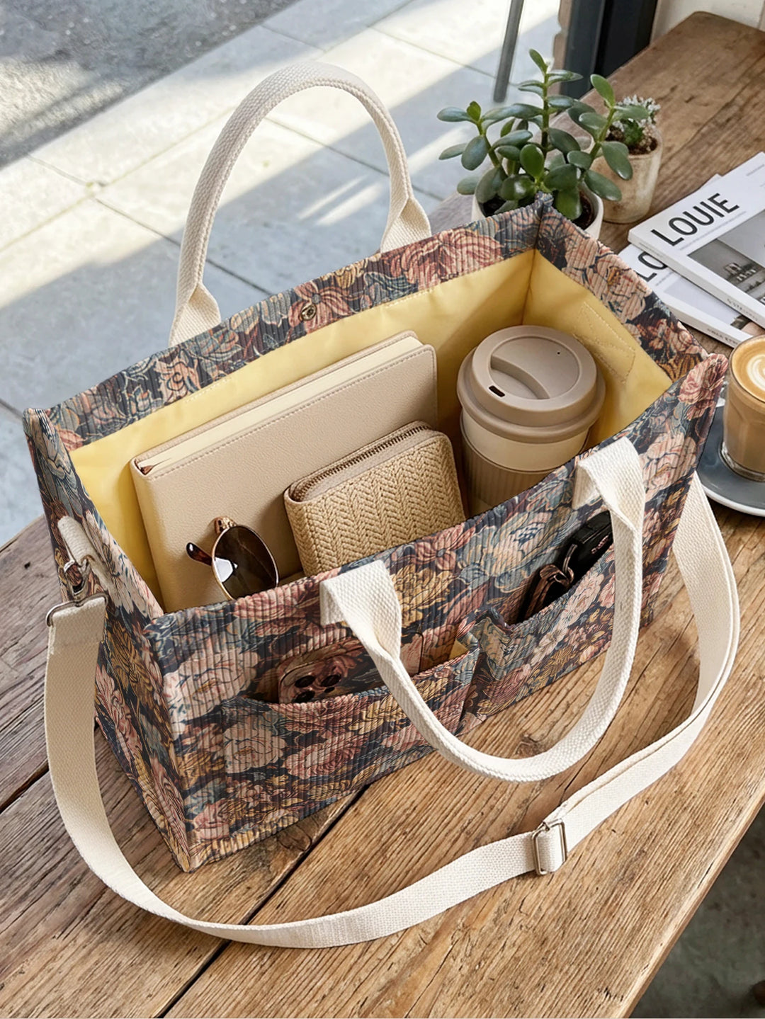 Sac en velours côtelé vintage avec imprimé floral, grande capacité, sac à bandoulière avec plusieurs poches
