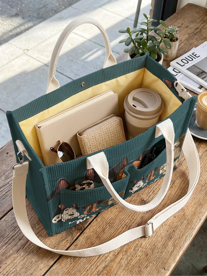 Sac fourre-tout en velours côtelé teal avec imprimé de chien cartoon Grande capacité Sac à bandoulière de transport avec plusieurs poches