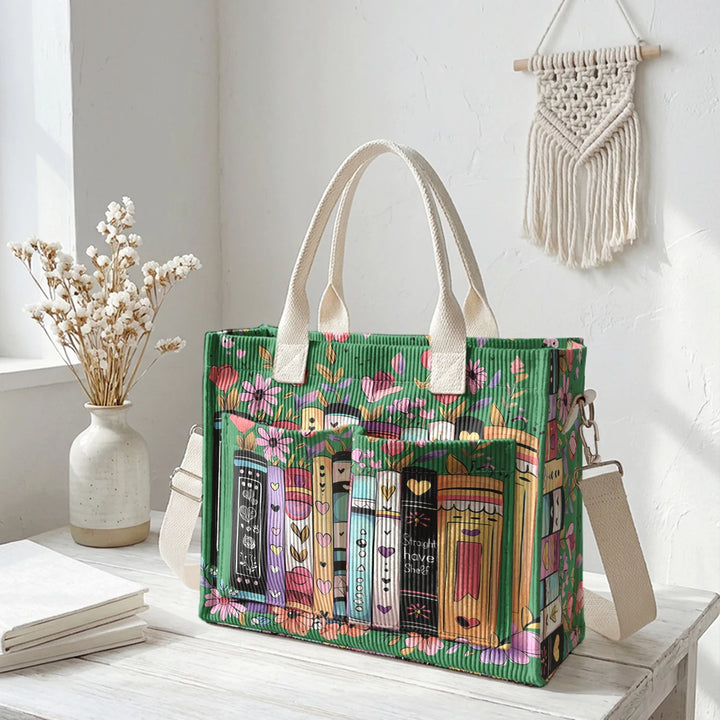 Sac à bandoulière en velours côtelé avec impression de livres et de fleurs, grande capacité, sac à main avec plusieurs poches