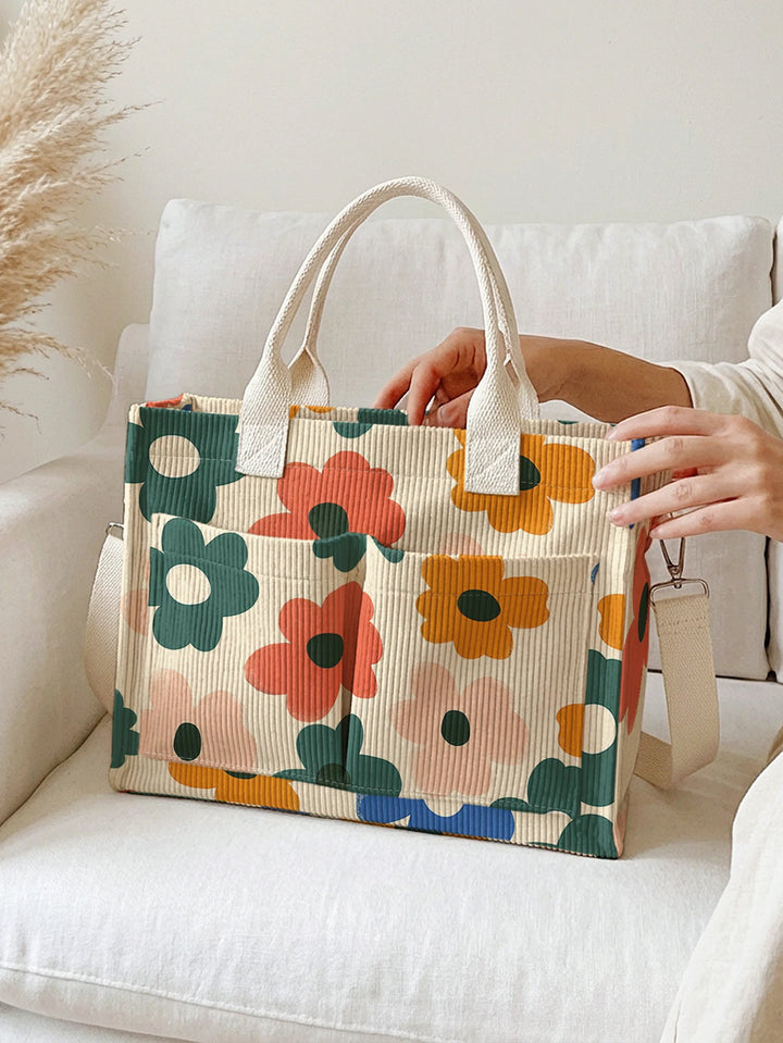 Sac à main en velours côtelé beige avec impression de fleurs rétro, grande capacité, plusieurs poches, sac bandoulière amovible