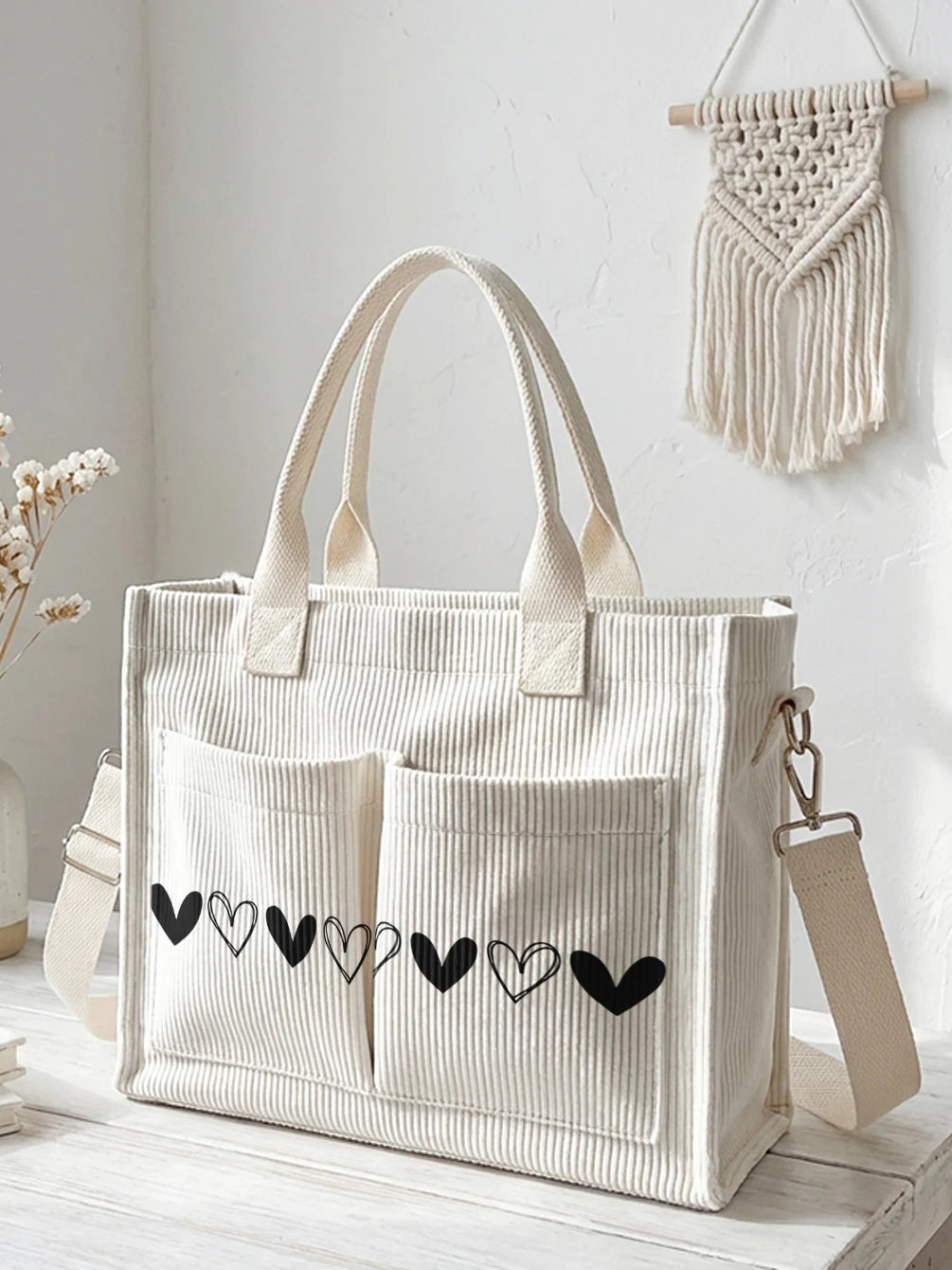 Sac en velours côtelé beige avec imprimé cœur noir, grande capacité, sac à bandoulière avec plusieurs poches