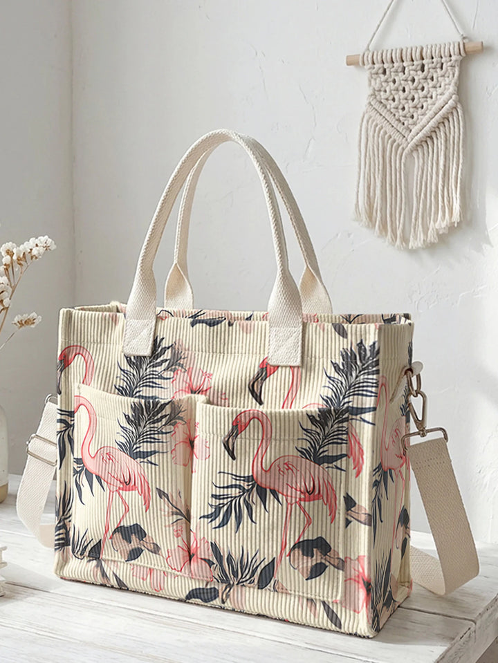 Sac à bandoulière en velours côtelé à imprimé flamant rose, grande capacité, avec plusieurs poches