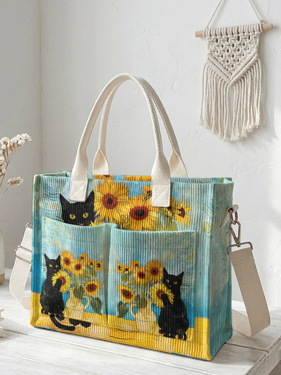 Impression Art Van Gogh Tournesol & Chat Noir Sac Tote en Corduroy Grande Capacité Multi Poche Amoureux des Chats Sac à Bandoulière
