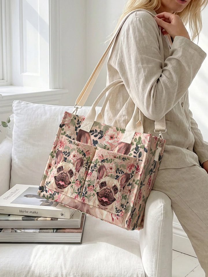 Sac en velours côtelé avec imprimé de bulldog français, grande capacité, plusieurs poches, sac à bandoulière pour les amoureux des chiens