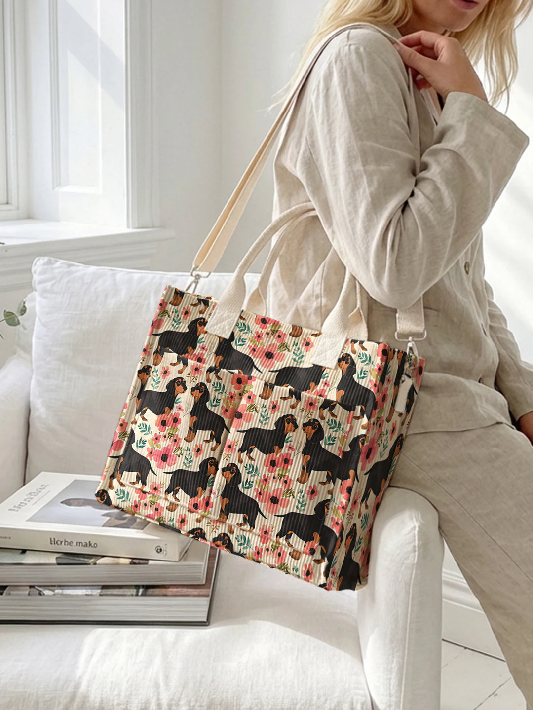 Sac fourre-tout en velours côtelé avec impression de teckel et floral Grande capacité Multi Poche Amoureux des chiens Sac à bandoulière pour le trajet