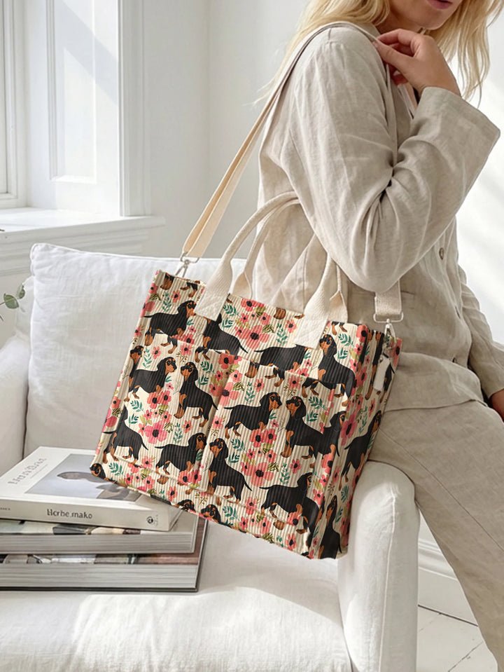 Sac fourre-tout en velours côtelé avec impression de teckel et floral Grande capacité Multi Poche Amoureux des chiens Sac à bandoulière pour le trajet
