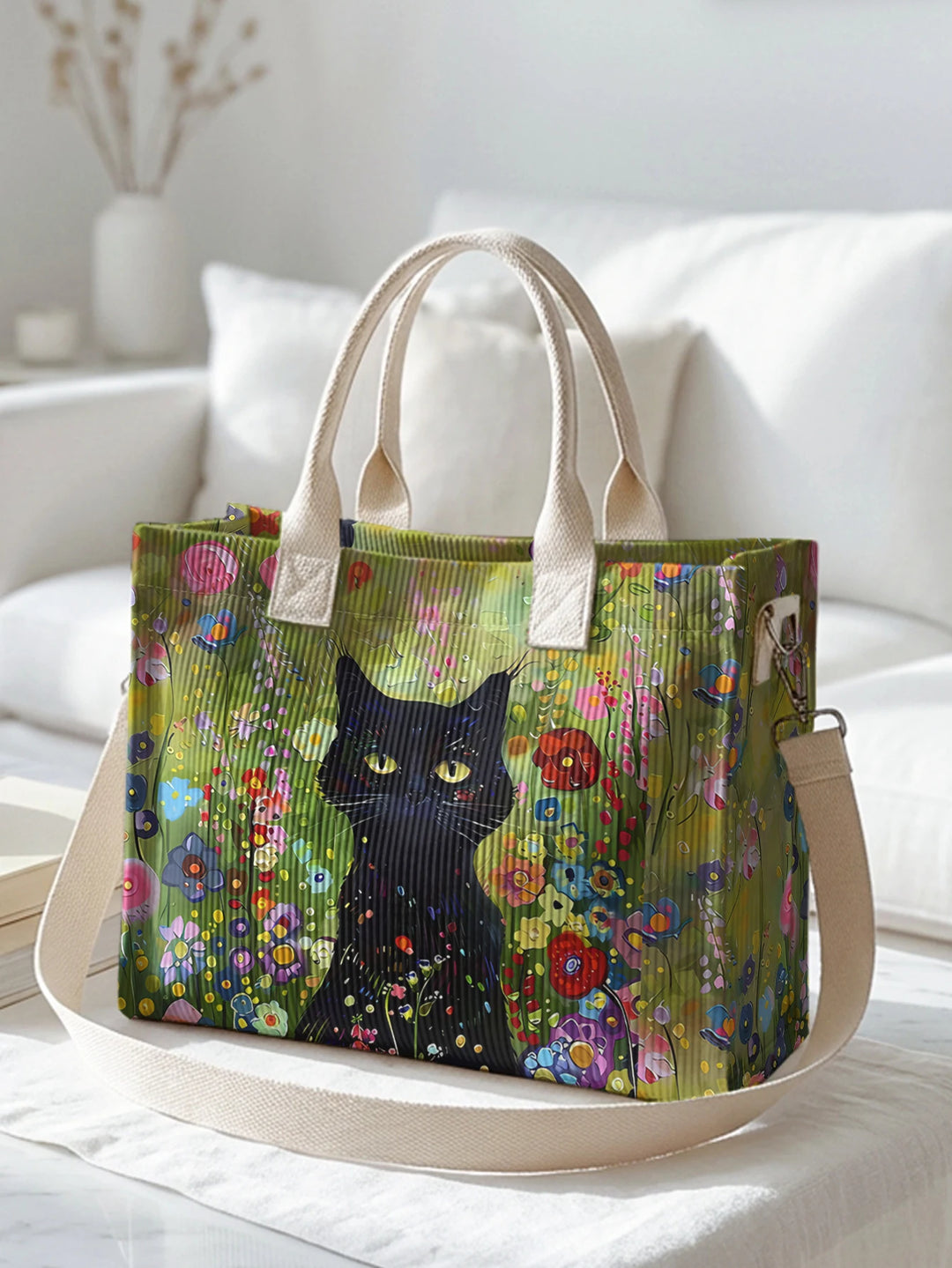 Sac à main en velours côtelé avec impression de chats noirs, jardin de fleurs colorées, grande capacité, sac à bandoulière multi-poches pour les amoureux des chats