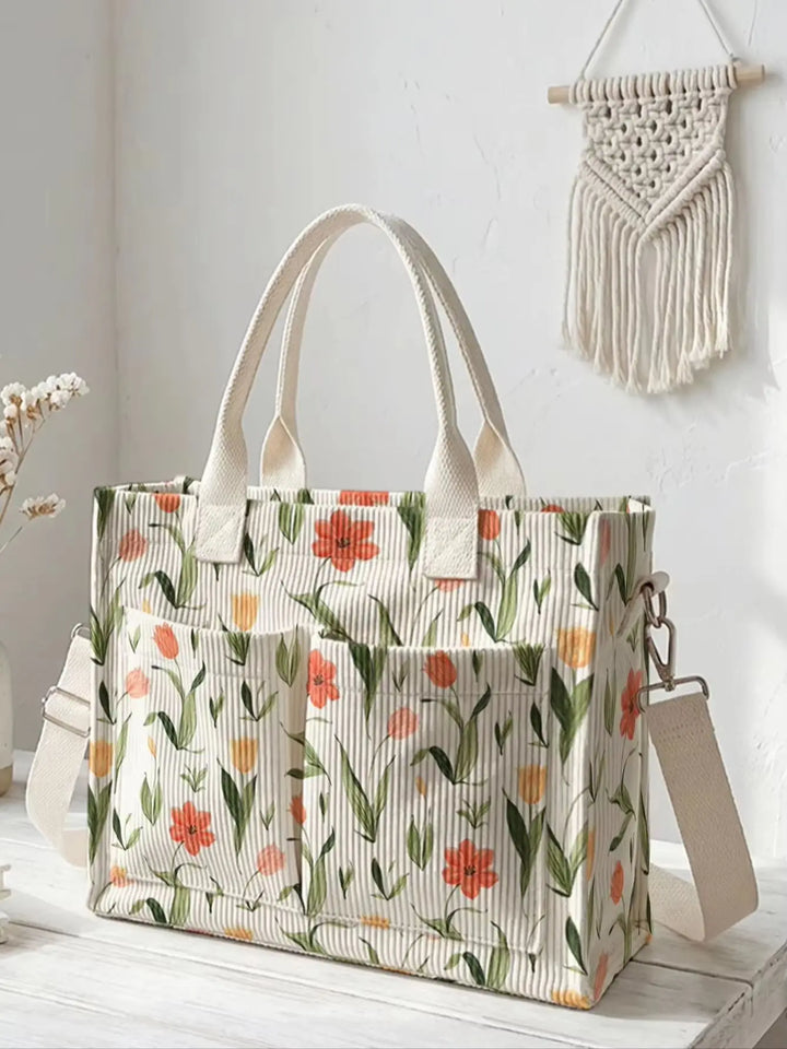 Sac à main en velours côtelé imprimé de fleurs de tulipes Grande capacité sac à bandoulière avec plusieurs poches