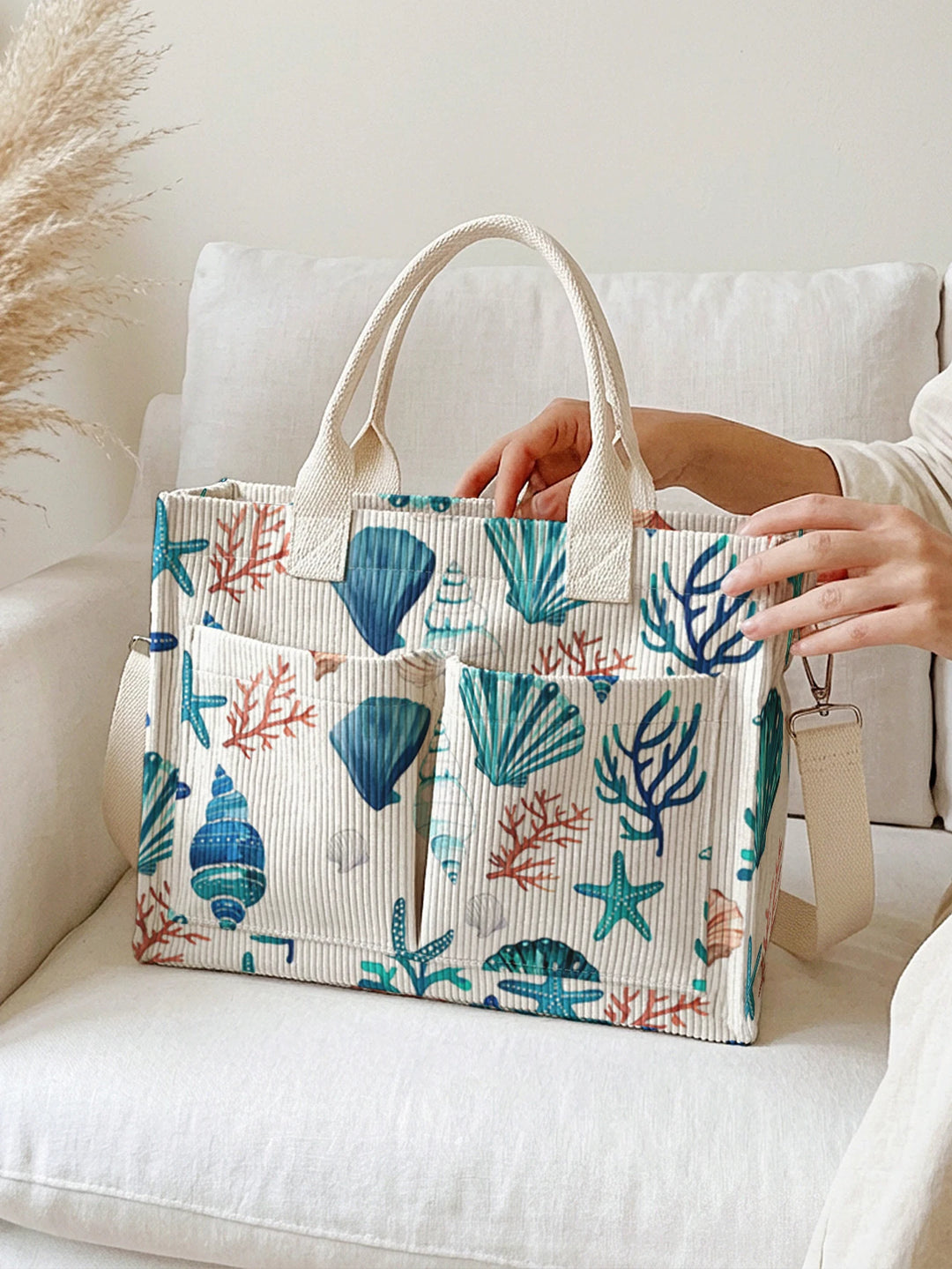 Sac fourre-tout en velours côtelé imprimé de la vie marine de l'océan Aquarelle Grande capacité Multi Poche Amoureux de la Plage Commutateur Sac à bandoulière