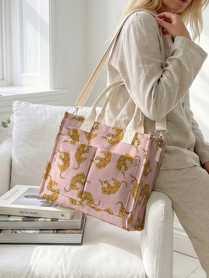 Sac à main en velours côtelé rose avec imprimé tigre, grande capacité, plusieurs poches, amoureux des animaux, sac à bandoulière pour le travail