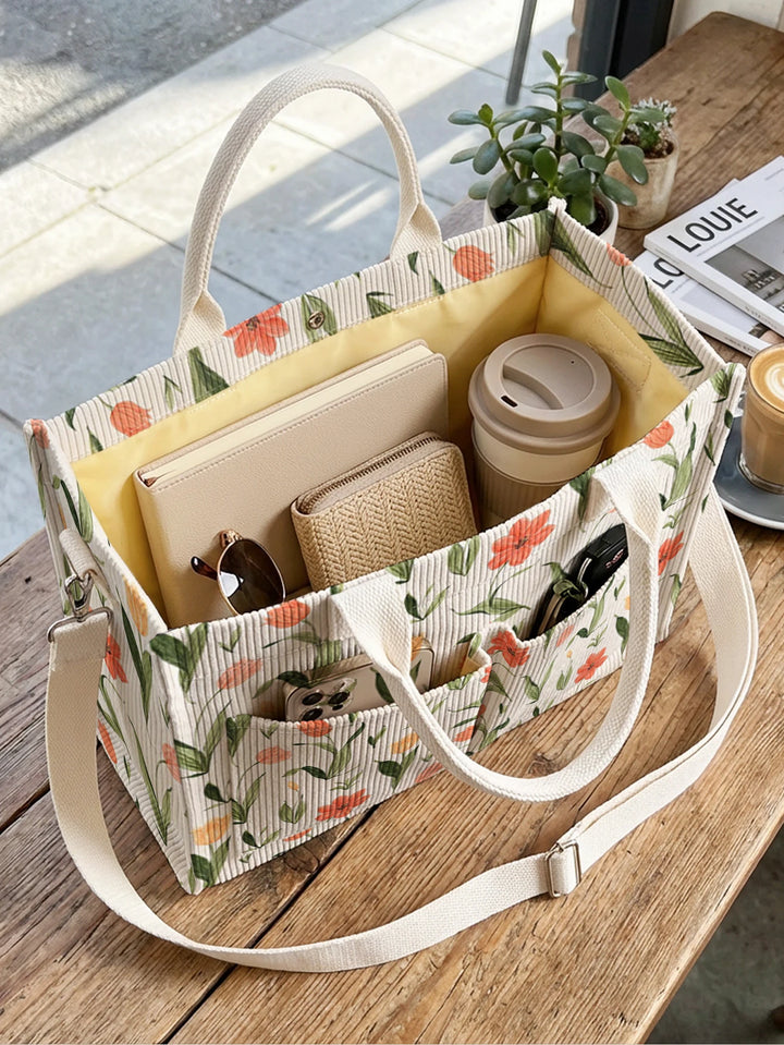 Sac à main en velours côtelé imprimé de fleurs de tulipes Grande capacité sac à bandoulière avec plusieurs poches