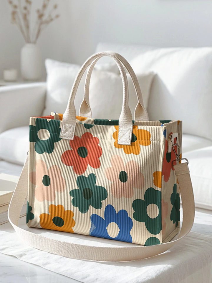 Sac à main en velours côtelé beige avec impression de fleurs rétro, grande capacité, plusieurs poches, sac bandoulière amovible