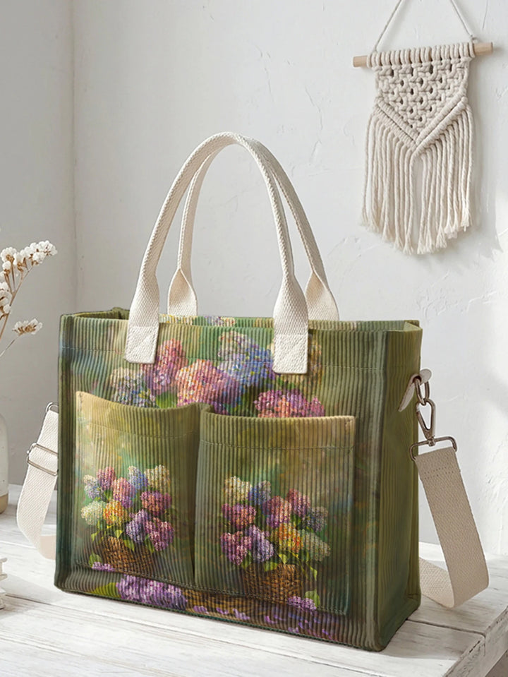 Sac à bandoulière en velours côtelé avec impression de fleurs d'hortensia vintage, grande capacité, multi-poches, pour les amateurs d'art et les navetteurs