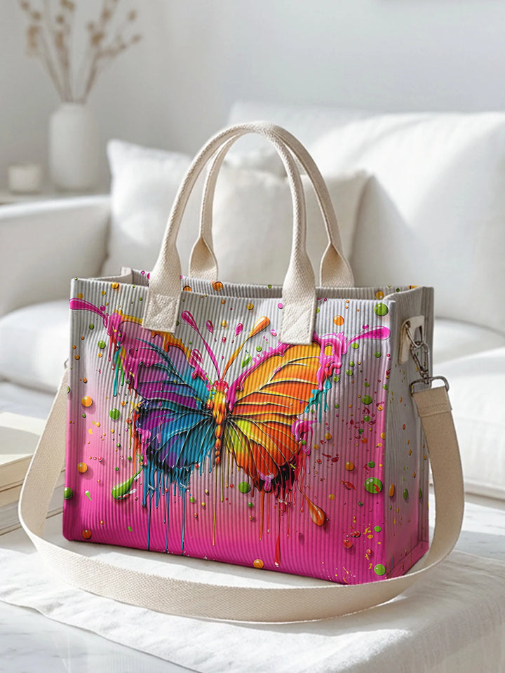 Sac à main en velours côtelé coloré avec imprimé papillon, grande capacité, sac à bandoulière avec plusieurs poches