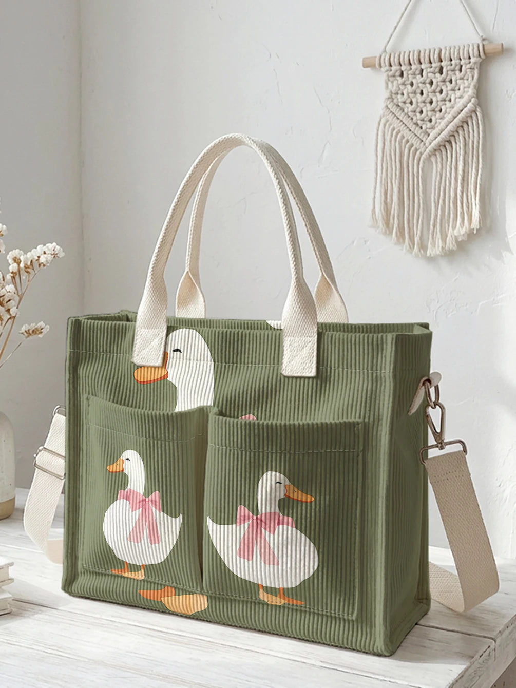 Sac à dos en velours côtelé vert avec imprimé canard, grande capacité et plusieurs poches pour les trajets domicile-travail