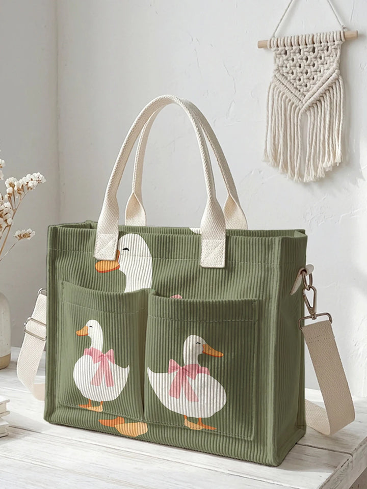 Sac à dos en velours côtelé vert avec imprimé canard, grande capacité et plusieurs poches pour les trajets domicile-travail