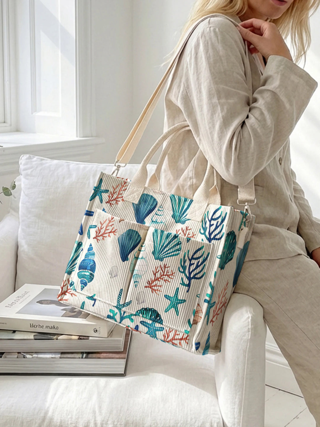 Sac fourre-tout en velours côtelé imprimé de la vie marine de l'océan Aquarelle Grande capacité Multi Poche Amoureux de la Plage Commutateur Sac à bandoulière