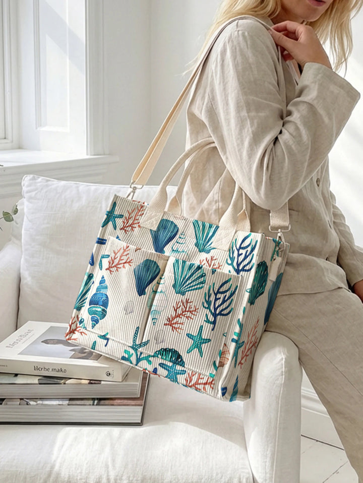 Sac fourre-tout en velours côtelé imprimé de la vie marine de l'océan Aquarelle Grande capacité Multi Poche Amoureux de la Plage Commutateur Sac à bandoulière