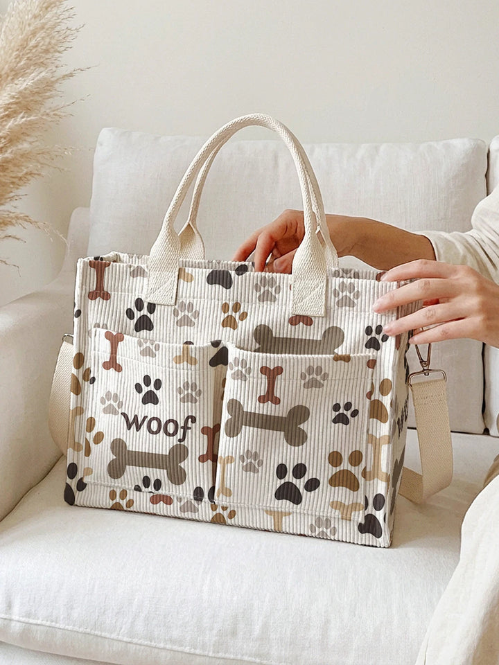 Sac en velours côtelé beige avec imprimé pattes de chien et os, grande capacité, plusieurs poches, sac à bandoulière pour le travail