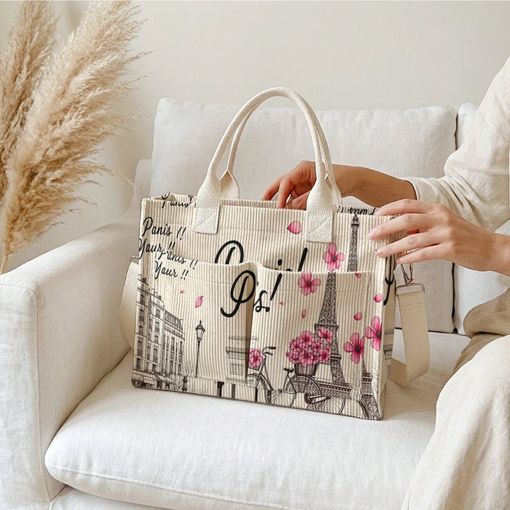 Sac fourre-tout en velours côtelé imprimé floral de paysage parisien Grande capacité Multi Poche Sac à bandoulière amovible