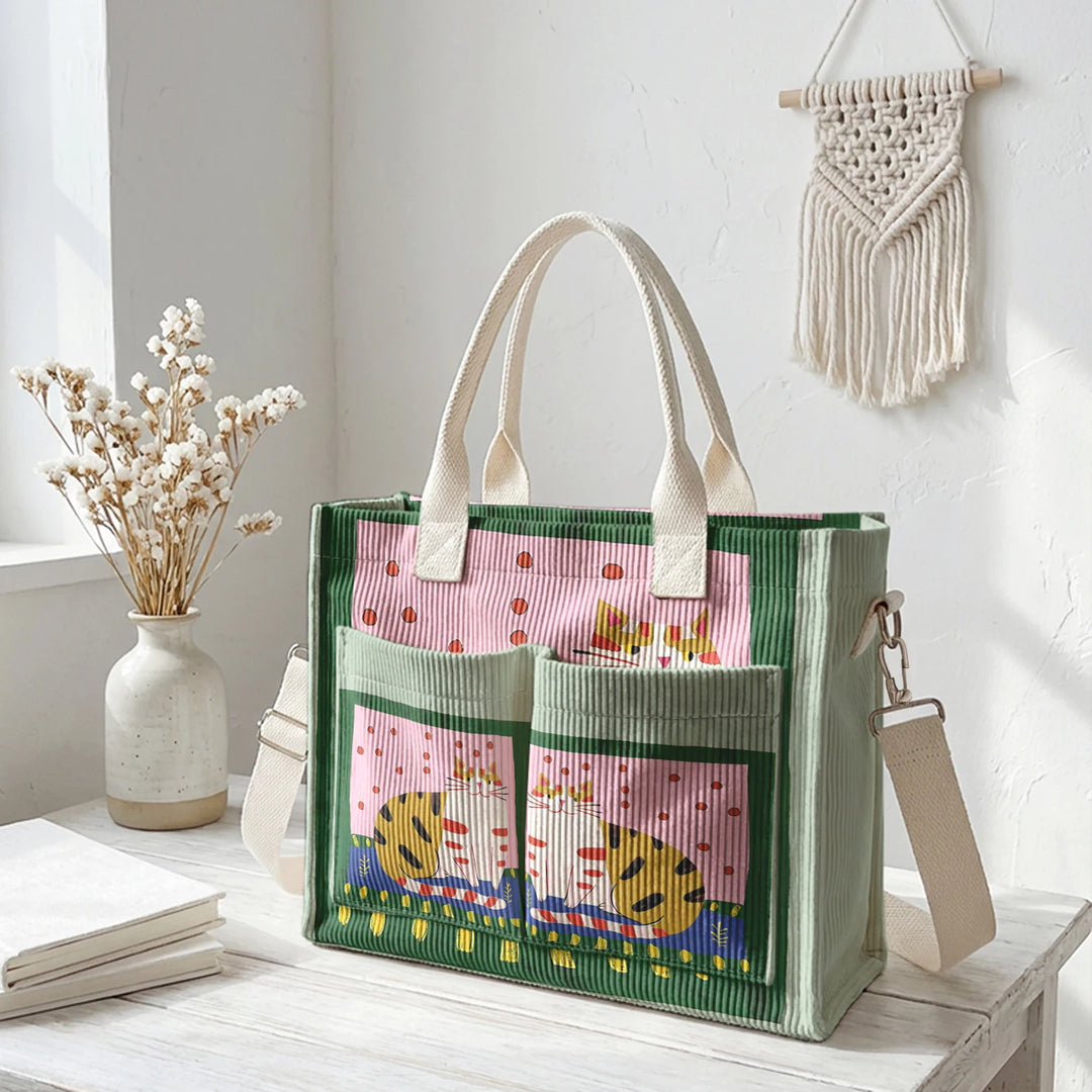 Sac fourre-tout en velours côtelé avec impression d'art populaire vintage - Grande capacité - Sac à plusieurs poches pour amoureux des chats - Sac à bandoulière pour le trajet