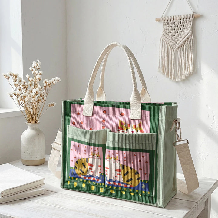 Sac fourre-tout en velours côtelé avec impression d'art populaire vintage - Grande capacité - Sac à plusieurs poches pour amoureux des chats - Sac à bandoulière pour le trajet