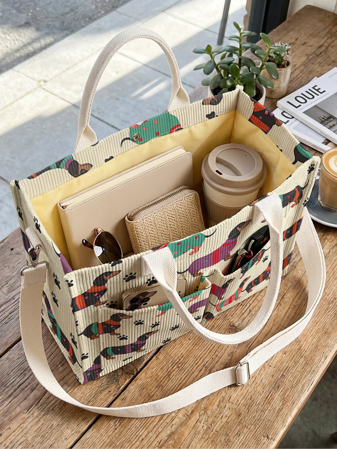 Sac en velours côtelé avec impression de teckel, grande capacité, plusieurs poches, pour les amoureux des chiens, sac à bandoulière pour le travail
