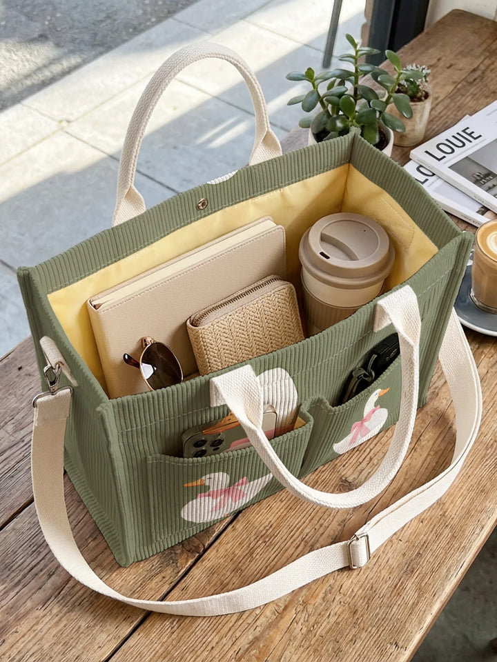 Sac à dos en velours côtelé vert avec imprimé canard, grande capacité et plusieurs poches pour les trajets domicile-travail