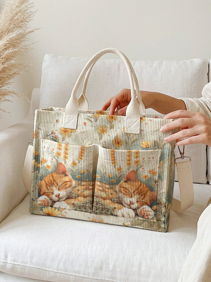 Sac à main en velours côtelé avec impression de fleurs de chat orange endormi, grand sac à bandoulière avec plusieurs poches