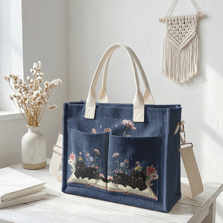 Sac à dos en velours côtelé rose avec impression de chat noir mignon et de livres, grande capacité et plusieurs poches pour les amoureux des chats, adapté pour les trajets domicile-travail.