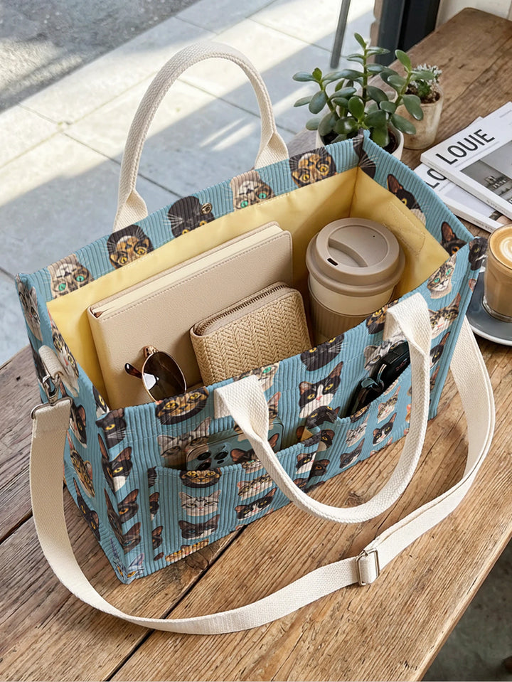 Sac à bandoulière en velours côtelé avec imprimé visages de chats bleus, grande capacité et plusieurs poches, sac de transport pour amoureux des chats