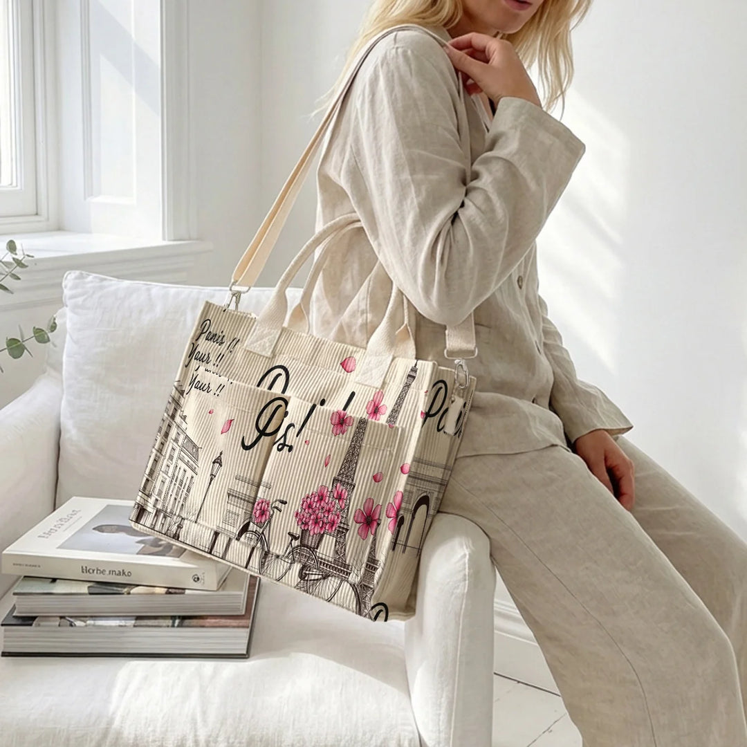 Sac fourre-tout en velours côtelé imprimé floral de paysage parisien Grande capacité Multi Poche Sac à bandoulière amovible