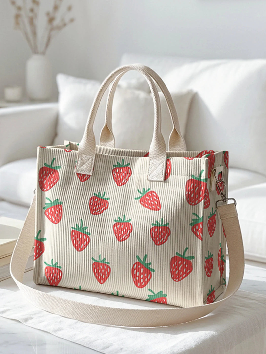 Sac en velours côtelé amusant avec imprimé fraises, grande capacité, plusieurs poches, pour les amateurs de fruits, sac à bandoulière pour le travail et les loisirs